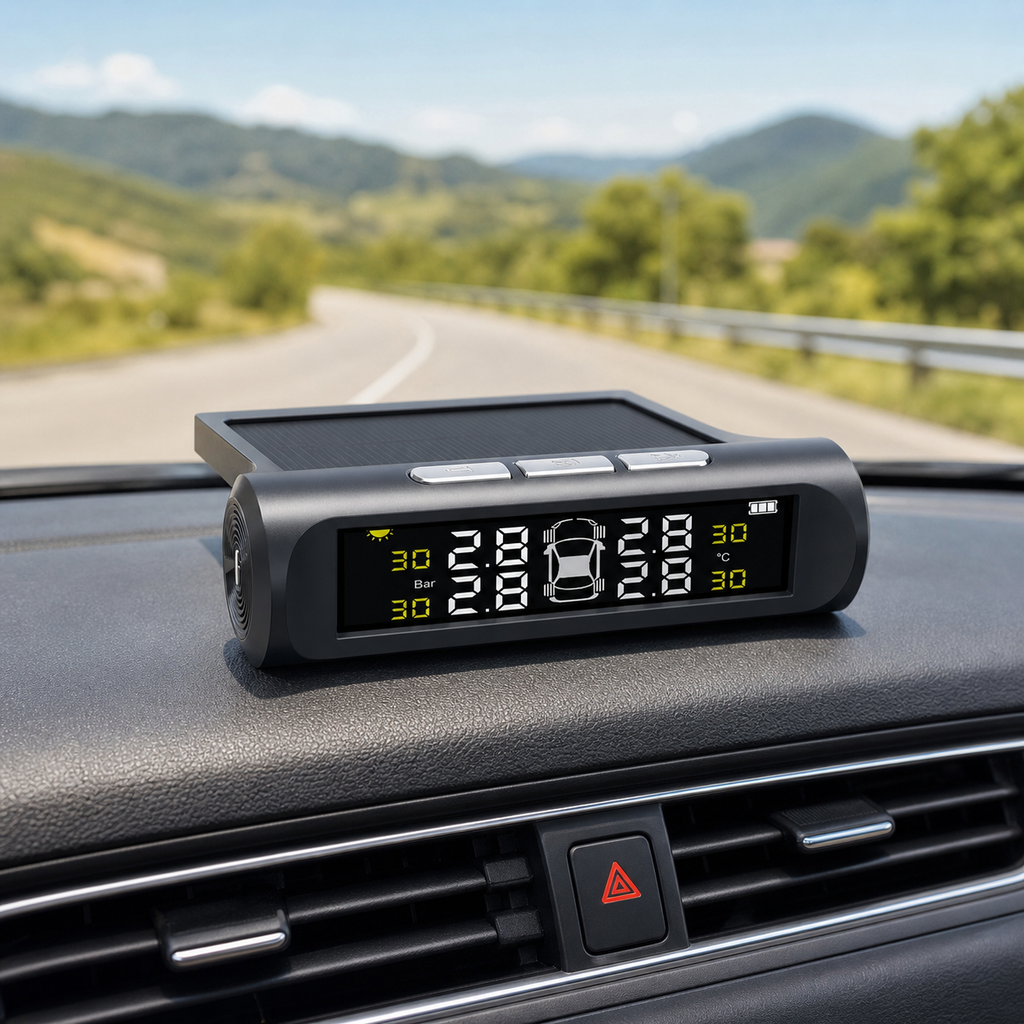DriveNova Solar Wireless TPMS TY01 installed on a car dashboard