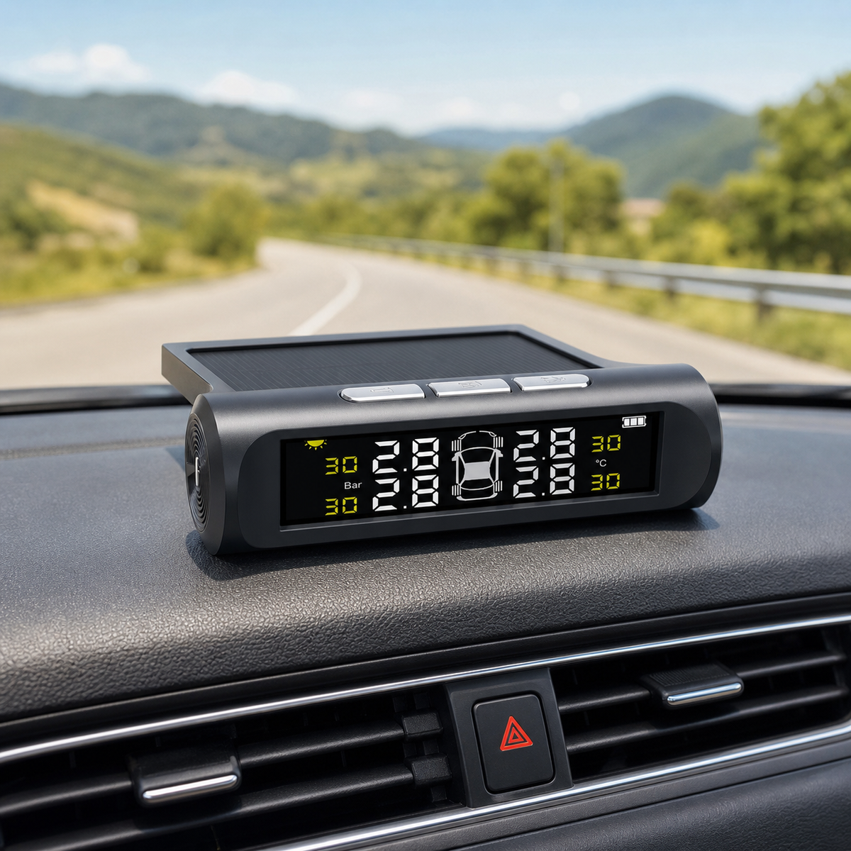 DriveNova Solar Wireless TPMS TY01 installed on a car dashboard