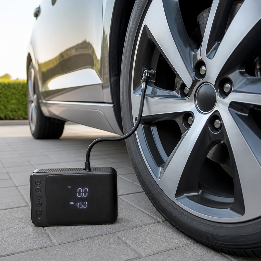 DriveNova digital tyre inflator connected to a car tyre